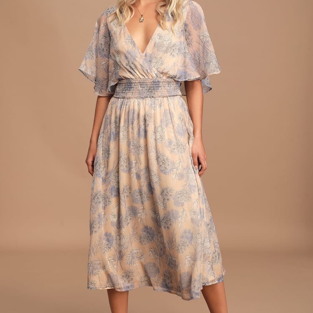 Lulus Beige Floral Print Ruffled Midi Dress